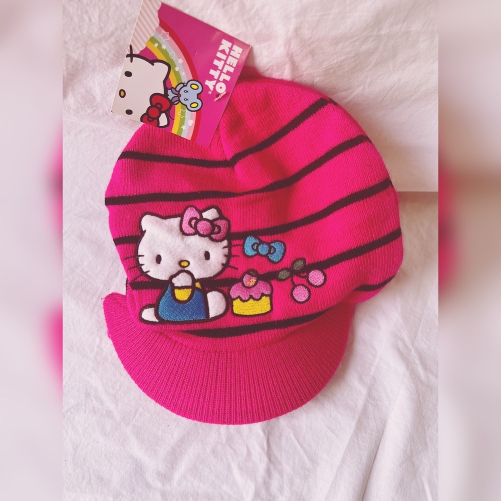 Hello Kitty Knit Hat Girls (4-16) Pink Black Stripe NWT